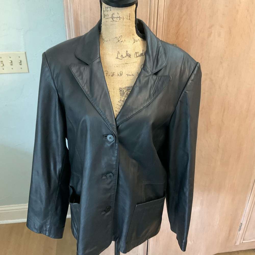 Vintage 90s Anne Klein Lamb Leather Blazer Black size XL